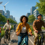 Personas en bicicleta en ciudad sostenible moderna