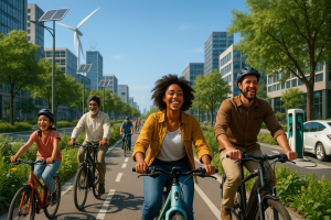 Personas en bicicleta en ciudad sostenible moderna