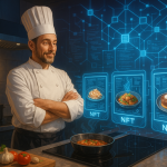 Chef con hologramas NFT de platos digitales