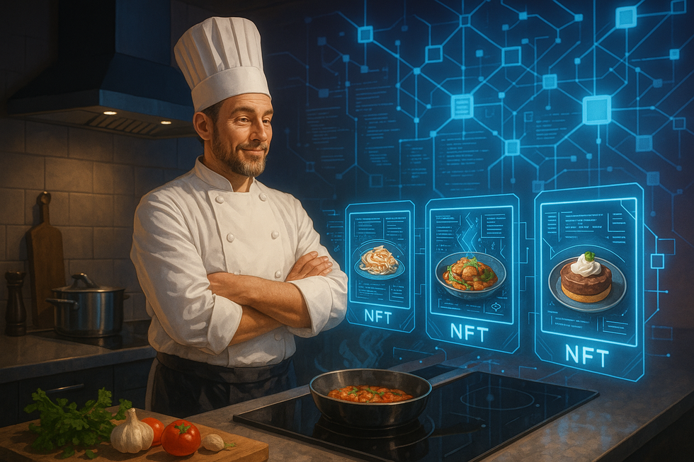 Chef con hologramas NFT de platos digitales